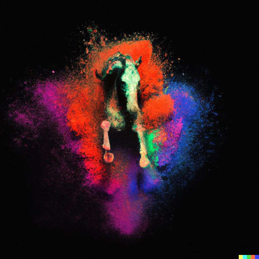 a horse, made from a burst of colored powder, digital art